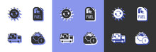 Set Water Mill, Solar Energy Panel, Garbage Truck And Bio Fuel Canister Icon. Vector