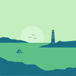 lighthouse on the seashore with sunrise or sunset flat design vector illustration