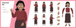 Illustration of Latin American woman, wearing business casual clothing in a set of multiple poses. Easy to edit with editable line strokes and isolated on white background. Suitable for animation.