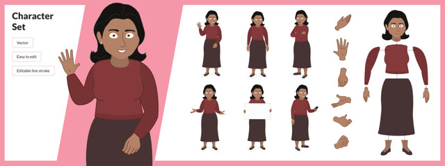 Wall Mural - Illustration of Latin American woman, wearing business casual clothing in a set of multiple poses. Easy to edit with editable line strokes and isolated on white background. Suitable for animation.