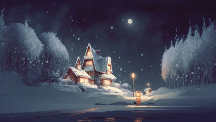 winter landscape with village and fantasy trees at night, illustration painting, Generative AI