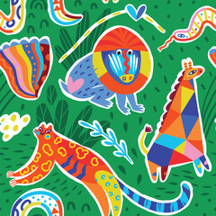Wall Mural - Seamless pattern with abstract African animals in childish style. Vector illustration
