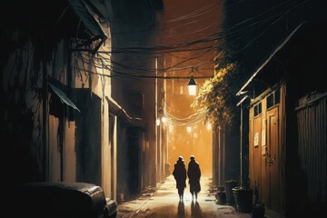 couple walking in alley at night, illustration painting, Generative AI