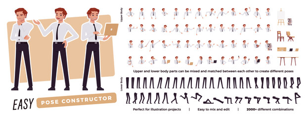 Wall Mural - Business young consultant character easy pose constructor. Office boy drag drop set, male assistant body match, figure building. Vector flat style cartoon construction kit isolated, white background