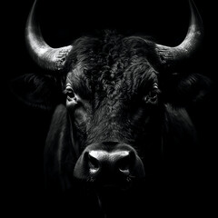 Wall Mural - Dramatic black and white portrait of bull head - Generative AI