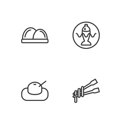 Sticker - Set line Food chopsticks with noodles, Mochi, Sushi and Served fish on a plate icon. Vector