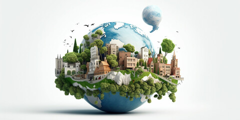 Planet earth illustration, concept of ecology, cities and green forest, sustainable developtment goals