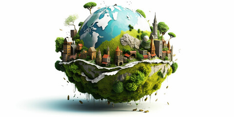 Planet earth illustration, concept of ecology, cities and green forest, sustainable developtment goals