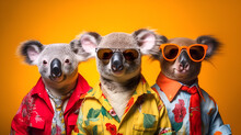 Creative Animal Concept. Gang Family Of Koala Bear In Vibrant Bright Fashionable Outfits, Commercial, Editorial Advertisement, Surreal Surrealism. Group Shot. Generative AI
