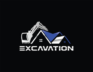 Clean Black Blue House With Excavator Business Logo Design Template