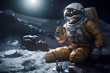 an astronaut holds a cup of coffee on the surface of the moon, generative ai 1