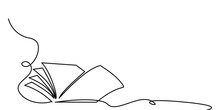 Continuously One Line Draws An Open Book With Flying Pages. Educational Equipment Illustration Back To School Theme For Website Landing Page. Book Banner Single Line Drawing