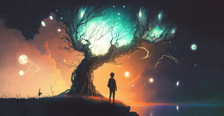 Wall Mural - night scenery of the boy with the light ball looking at fantasy tree, digital art style, illustration painting, Generative AI