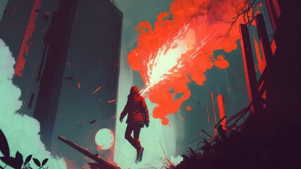 the man holding red smoke flare jumping off the building while exploding, digital art style, illustration painting, Generative AI