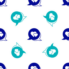 Poster - Blue Heart in speech bubble icon isolated seamless pattern on white background. Happy Valentines day. Vector