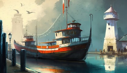 Wall Mural - fishing boat in harbor, digital painting, Generative AI