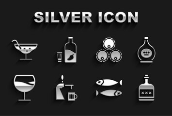 Sticker - Set Beer tap with glass, Bottle of cognac or brandy, Alcohol drink Rum bottle, Dried fish, Wine, Wooden barrels, Cocktail and Vodka pepper icon. Vector