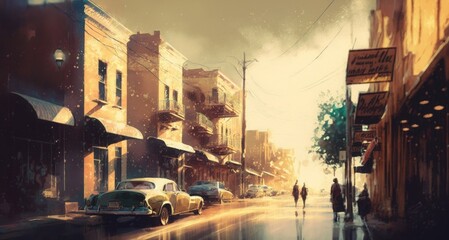 Wall Mural - city street, illustration painting with vintage style, Generative AI