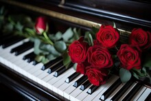 Red Roses Bridal Bouquet On The Piano. Wedding Bouquet On The Piano Keyboard. Gothic Style