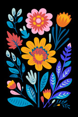 floral poster illustration with flowers and leaves in an abstract style, in the style of folk art-inspired illustrations, playful yet dark