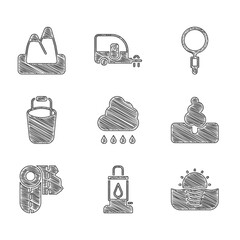 Sticker - Set Cloud with rain, Camping lantern, Sunrise, Tree, Paper towel roll, Bucket, Magnifying glass and Mountains icon. Vector