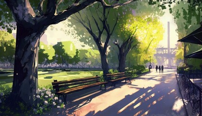 Wall Mural - walkway in green park with sunlight, illustration painting, Generative AI