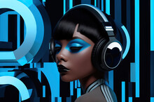 Generative AI Illustration Of Black Female Model With Blue Eye Makeup With Headphones Listening To Music Over Blue And Black Background