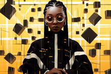 Generative AI Illustration Of Serious Black Female In Trendy Outfit And Eyeglasses On Colorful Patterned Wall With Black Boxes Over Yellow Background