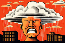 Generative AI Illustration Of Abstract Angry Man With Cloud On Head On Background With Buildings Representing Concept Of Mental Health Problems
