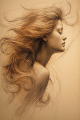 Wall Mural - Drawing of a beautiful young woman with long hair created with Generative AI technology