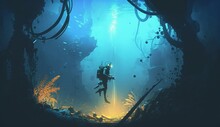 Fantasy Underwater Scene Of Diver Found A Mysterious Light While Diving, Digital Art Style, Illustration Painting, Generative AI