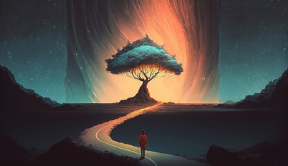man begin a journey on winding road to the big tree against the night sky, illustration, Generative AI