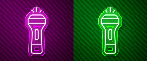 Poster - Glowing neon line Flashlight icon isolated on purple and green background. Vector