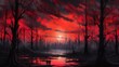  a painting of a red sunset in a swampy area with a man standing in the middle of the swampy area and a person standing in the water.  generative ai