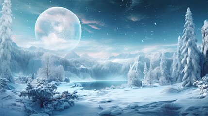 Wall Mural -  a painting of a snowy landscape with a full moon in the sky and trees in the foreground, and a lake in the foreground.  generative ai