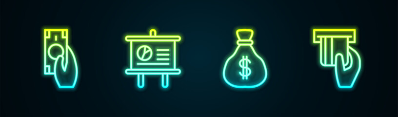 Poster - Set line Fast payments, Chalkboard with diagram, Money bag and Credit card inserted. Glowing neon icon. Vector