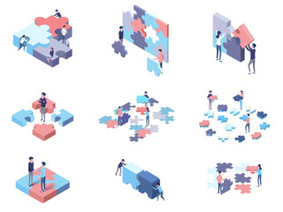 Wall Mural - vector isometric illustration set  of team people with puzzle