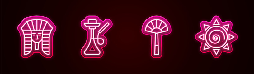 Poster - Set line Egyptian pharaoh, Hookah, fan and Sun. Glowing neon icon. Vector