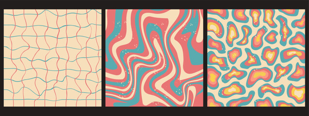 Wall Mural - groovy hippie 70s checkered backgrounds. waves, swirl, spots background. twisted and distorted vecto