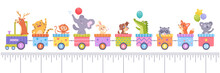 Cute Train With Animals And School Inch Ruler, Funny Passengers Ride Locomotive And Carriages