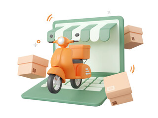 Wall Mural - 3d cartoon design illustration of Scooter shipping parcel boxes, Shopping and delivery service online.