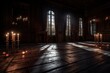 © Oleg - a dark room with candles lit up in the middle of the floor and a large window in the center of the room with lots of windows.  generative ai