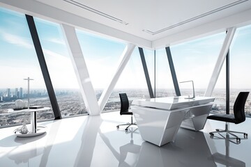 Sticker -  a modern office with a view of the city from the window of a high rise building in the city of los angeles, california, usa.  generative ai