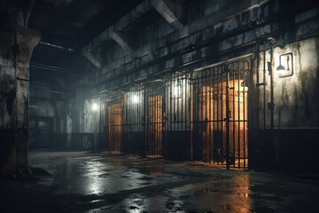 Sticker -  a jail cell with bars and lights in the middle of the floor and a door with bars on the outside of the cell doors and a light shining on the inside of the room.  generative ai