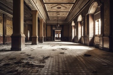 Poster -  a room with a lot of debris on the floor and a ceiling that has a light coming through the windows and a light coming through the windows.  generative ai