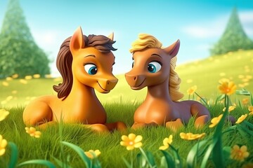 Wall Mural - a cute adorable two baby horses resting in grass on a sunny day with yellow light rendered in the style of children-friendly cartoon animation fantasy style 3D style Illustration  created by AI