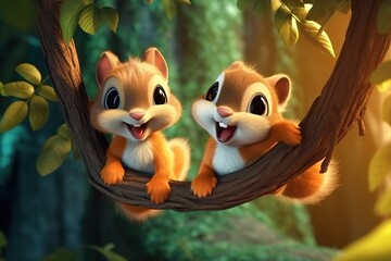 Wall Mural - a cute adorable two baby squirrels on a tree in a forest  rendered in the style of children-friendly cartoon animation fantasy style 3D style Illustration created by AI