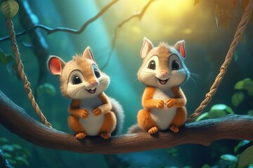 Wall Mural - a cute adorable two baby squirrels on a tree in a forest  rendered in the style of children-friendly cartoon animation fantasy style 3D style Illustration created by AI