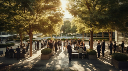 A city park filled with professionals networking and engaging in outdoor meetings Generative AI