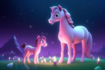 Wall Mural - cute adorable baby horse with mother horse in nature by night with light rendered in the style of fantasy cartoon animation style intended for children 3D style Illustration created by AI